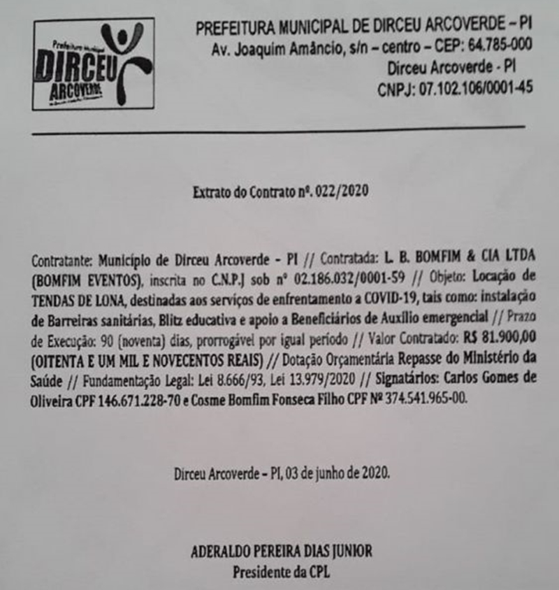 Contrato da prefeitura de Dirceu Arcoverde