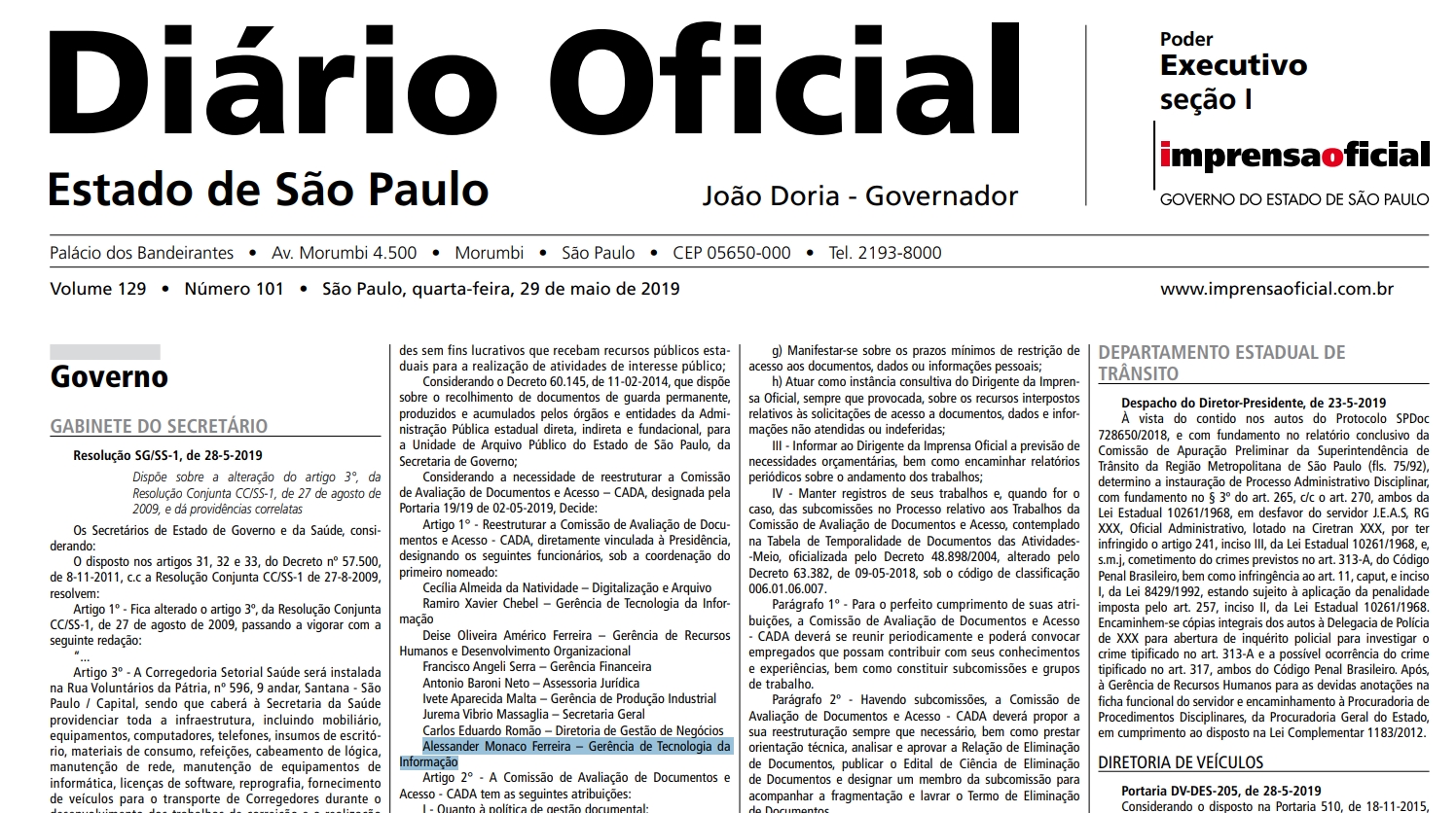 Diário Oficial do Estado de São Pualo mostra cargo de Alessander Monaco