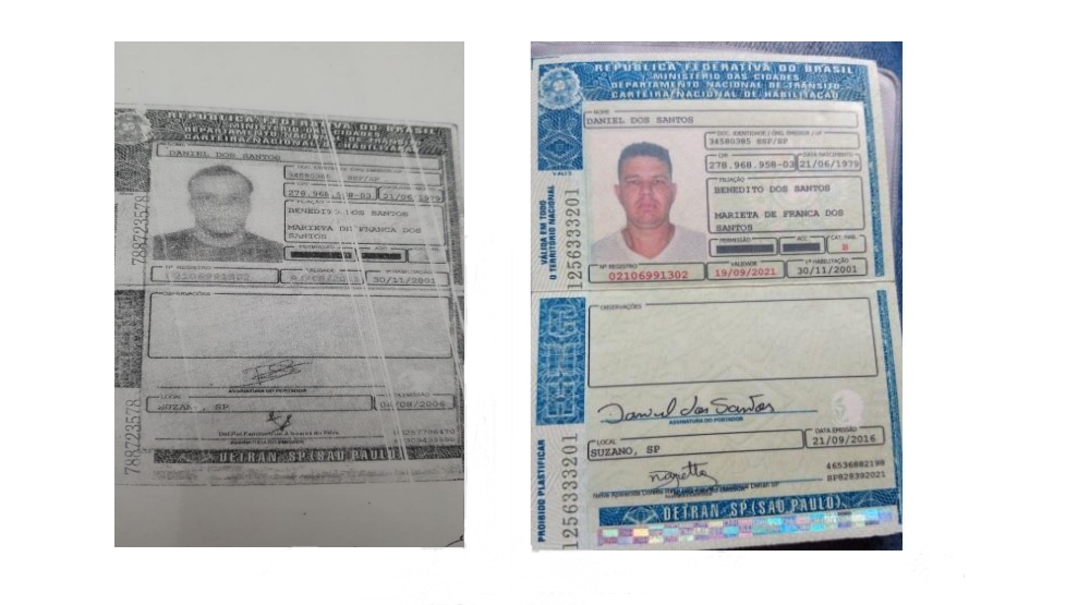 Documento falso (à esquerda) e documento original (à direita)