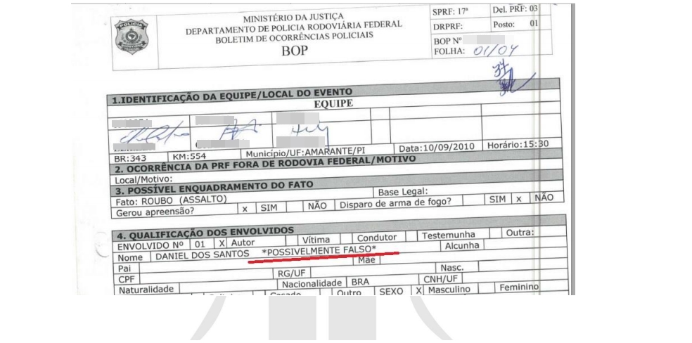 Documento apresentado pela PRF levanta suspeita de falsificação da CNH em 2010