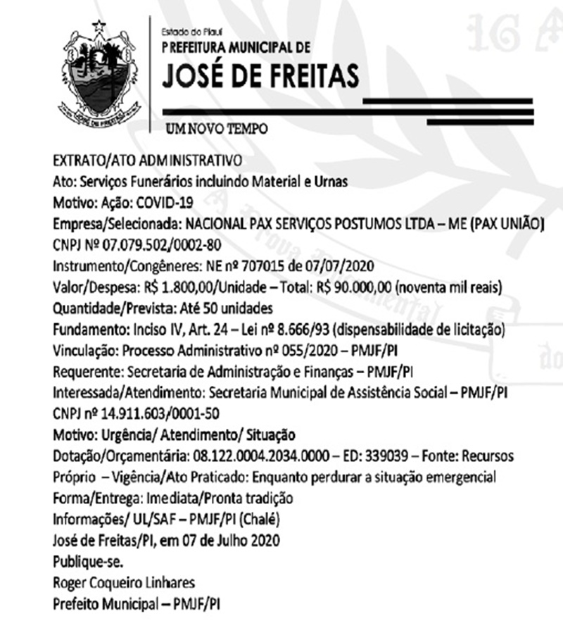 Contrato para compra de Caixões em José de Freitas