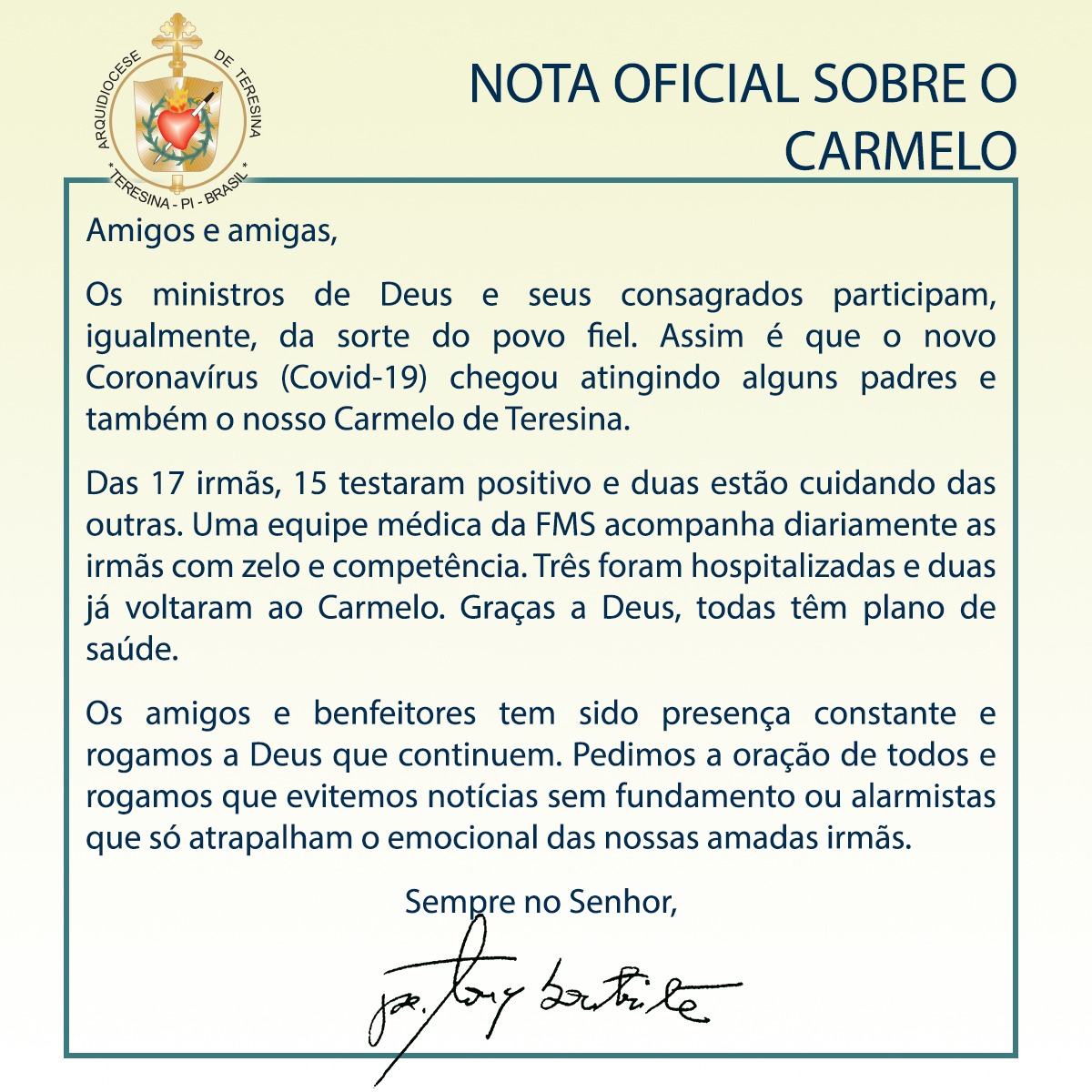 Nota oficial da Arquidiocese de Teresina.