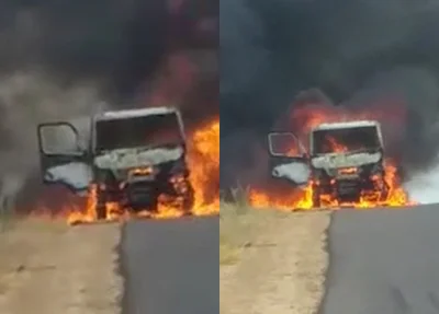 Caminhão fica destruído após incêndio na BR 135  