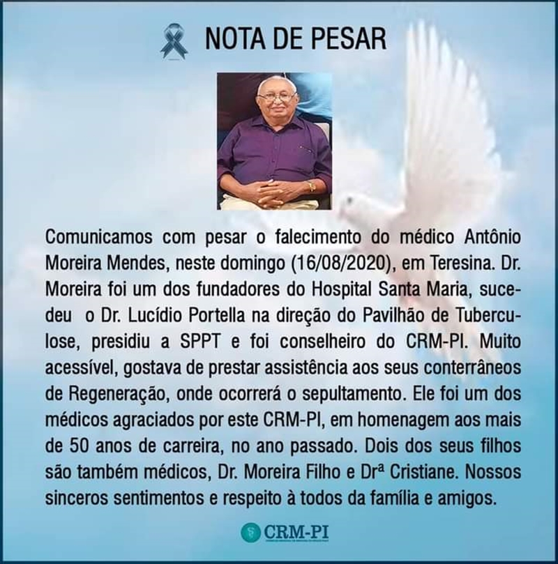 CRM-PI emite nota pela morte do médico Antônio Moreira