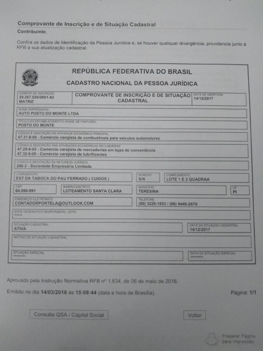 Posto do Monte tem CNPJ aberta desde 2017
