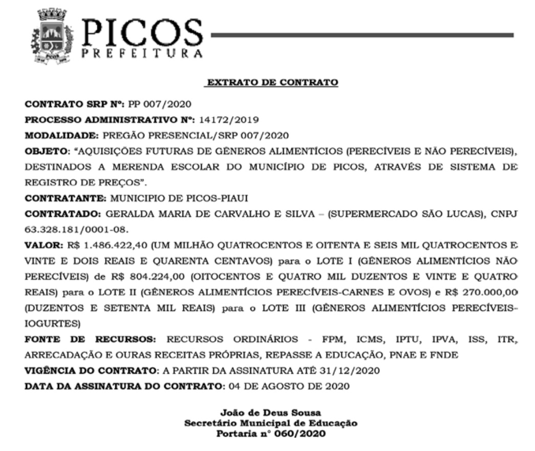 Contrato assinado para aquisição da merenda escolar