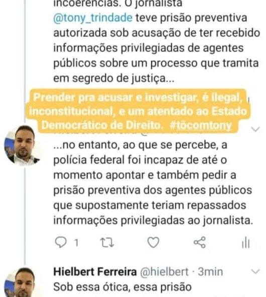 Apoio também foi publicado no Twitter