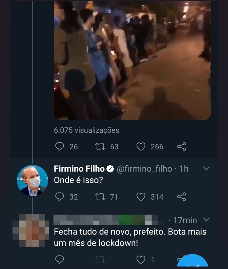 Firmino Filho comenta no Twitter sobre foto de bar com aglomeração