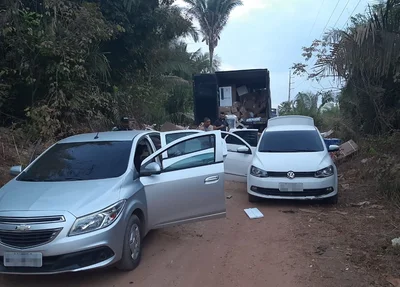 Dois veículos de passeio apreendidos e o caminhão carregado de eletrodomésticos.
