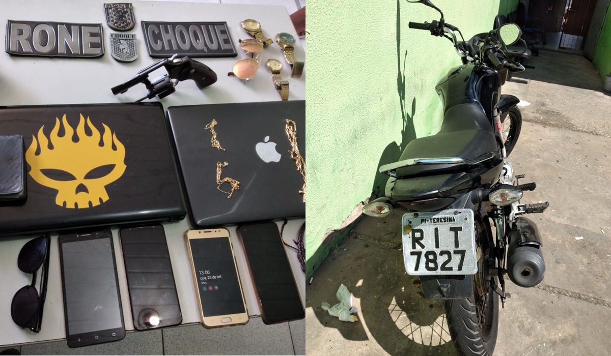 Bens pessoais das vítimas recuperados pelo Rone e motocicleta com a placa alterada