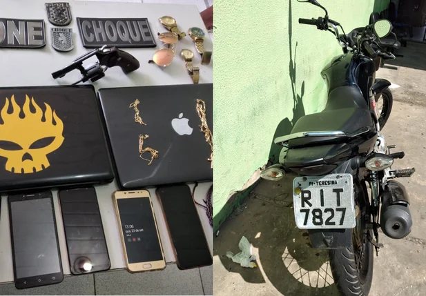 Bens pessoais das vítimas recuperados pelo Rone e motocicleta com a placa alterada