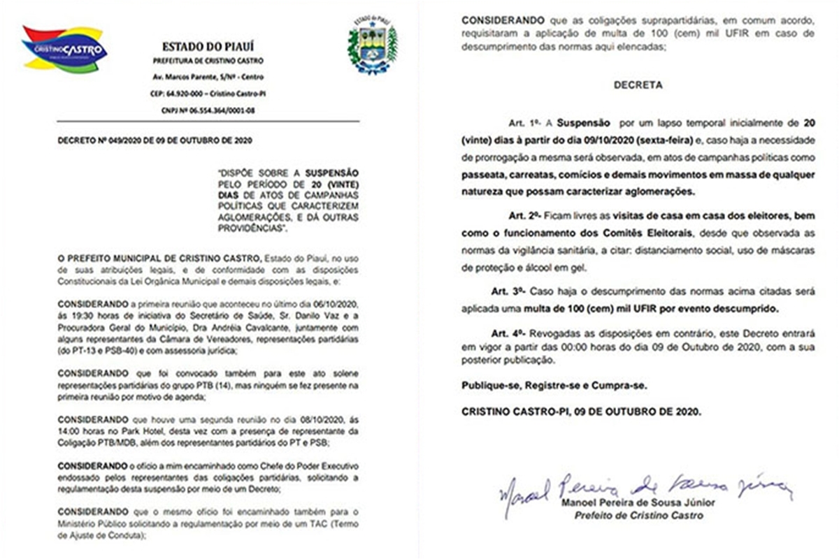 Decreto assinado pelo prefeito Manoel Júnior