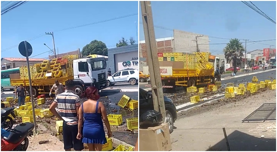 Parte da carga despencou do caminhão e ficou destruída