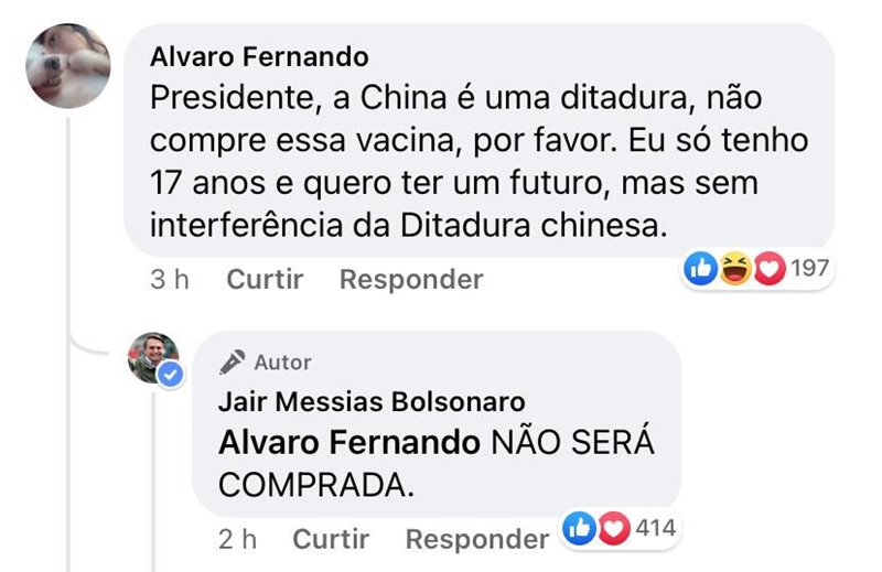 Bolsonaro responde seguidores sobre CoronaVac