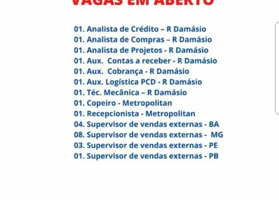 Vagas de emprego ofertadas pelo grupo R. Damásio