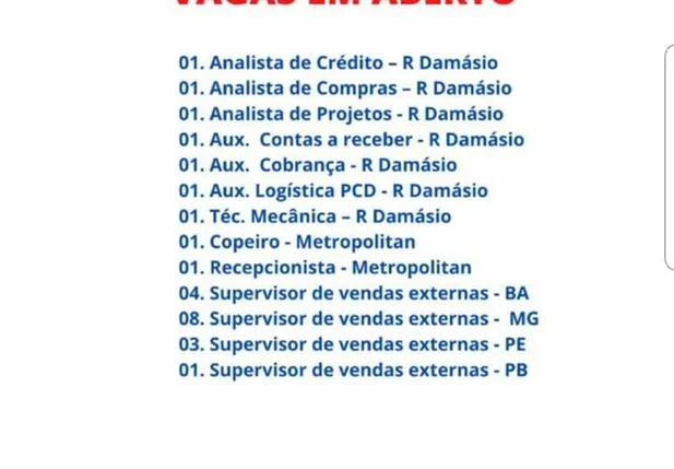 Vagas de emprego ofertadas pelo grupo R. Damásio