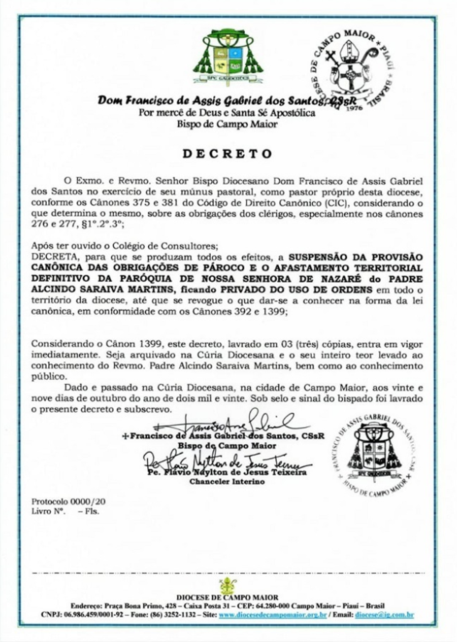 Decreto assinado pelo Bispo Dom Francisco de Assis