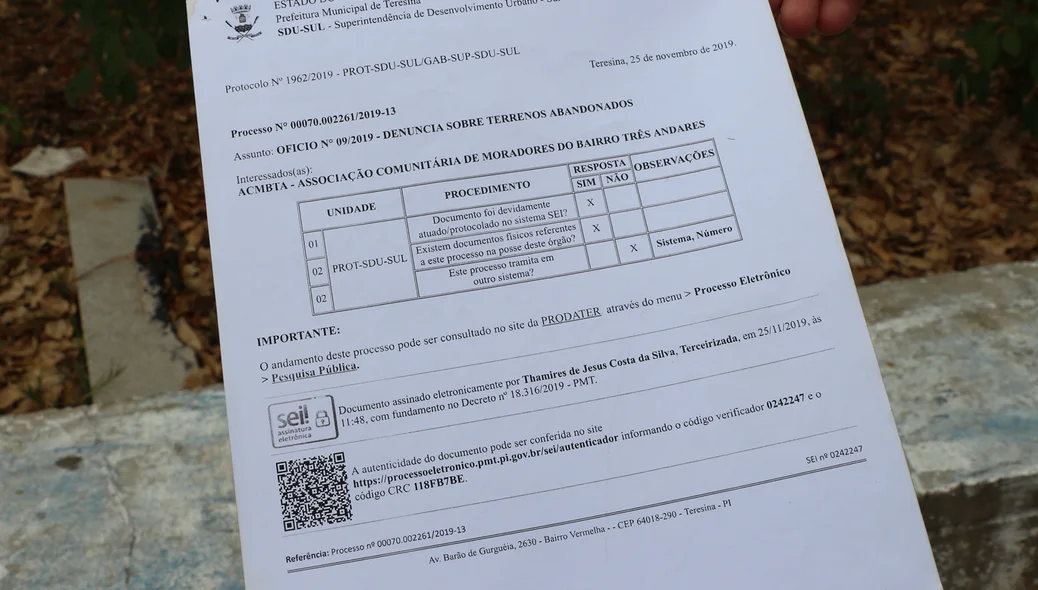 Ofício protocolado na SDU Sul em há um ano
