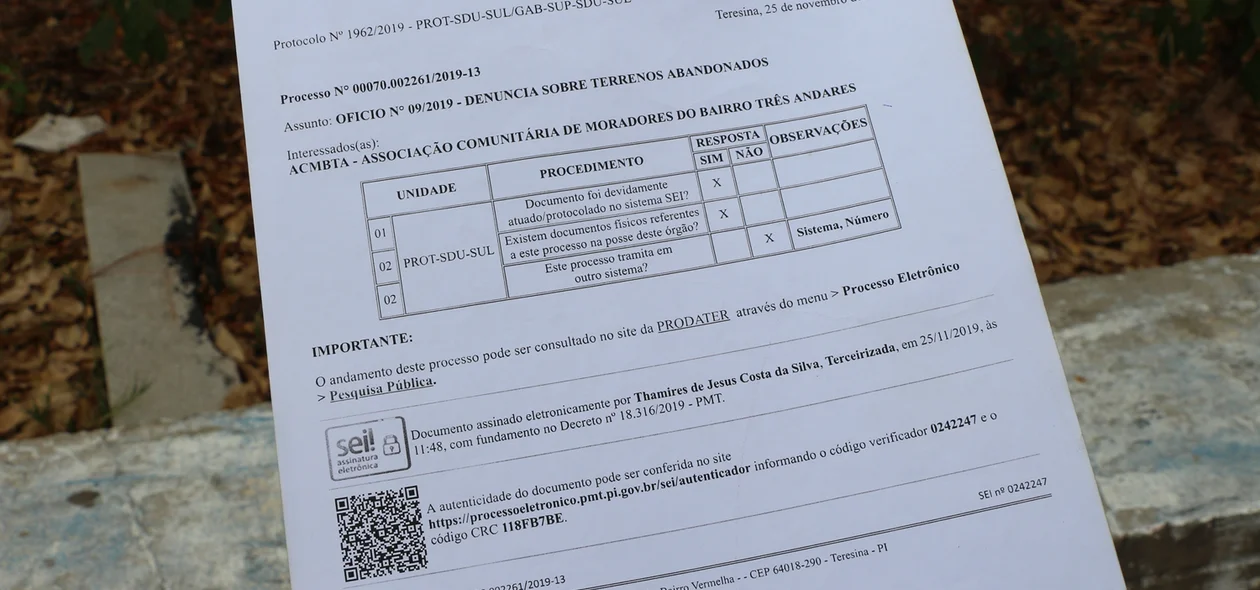 Ofício protocolado na SDU Sul em há um ano