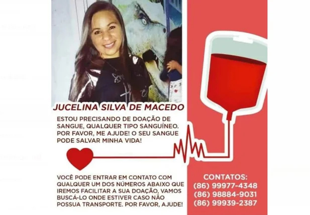 Família de Jucelina Silva de Macedo faz campanha de doação de sangue