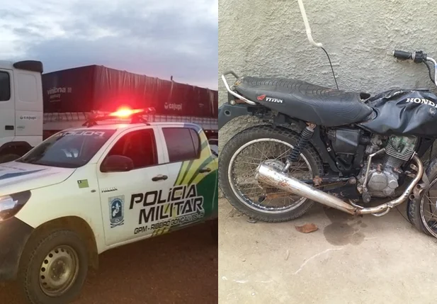 Carreta e motocicleta envolvidas no acidente