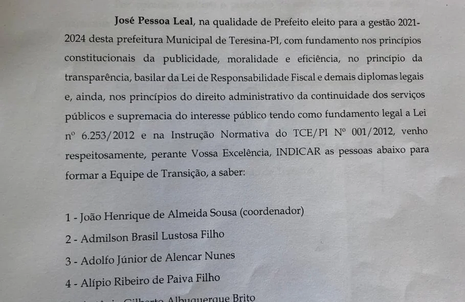 Relação da equipe de transição