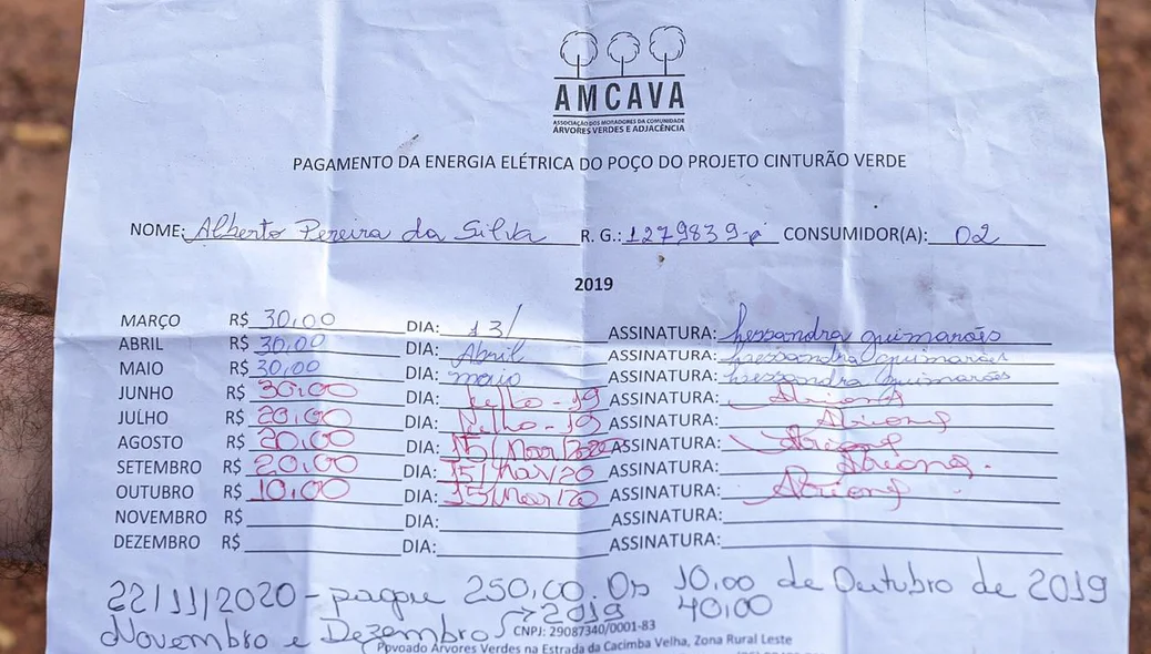 Contribuição dos moradores para pagar a conta de energia elétrica da sede