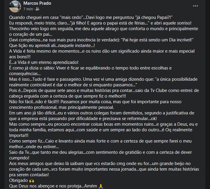 Marcos Prado comunica saída da Rede Clube em publicação no Facebook