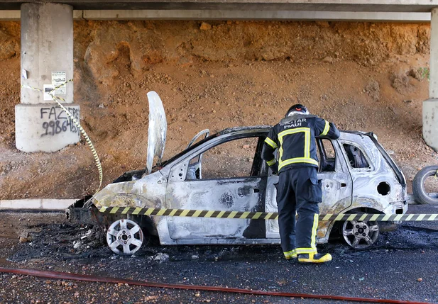 Carro pega fogo e fica destruído no viaduto do Promorar em Teresina