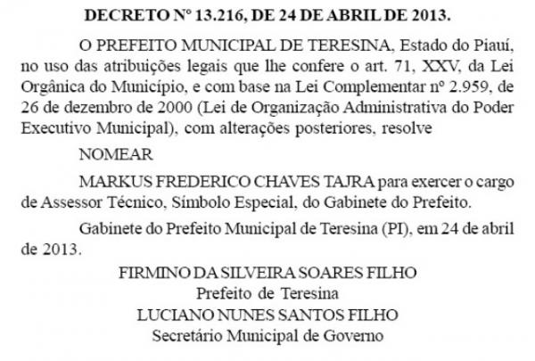Nomeação de Markus Frederico Chaves Tajra(Imagem:GP1)